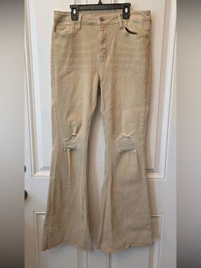 Beige Flared Distressed Women's Jeans - High Rise